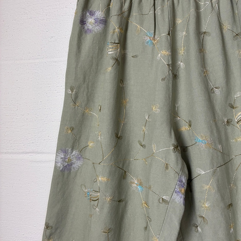 Vintage Pull On Linen Floral Embroidered Wide Leg Cropped Pant Size M Green - Picture 7 of 15